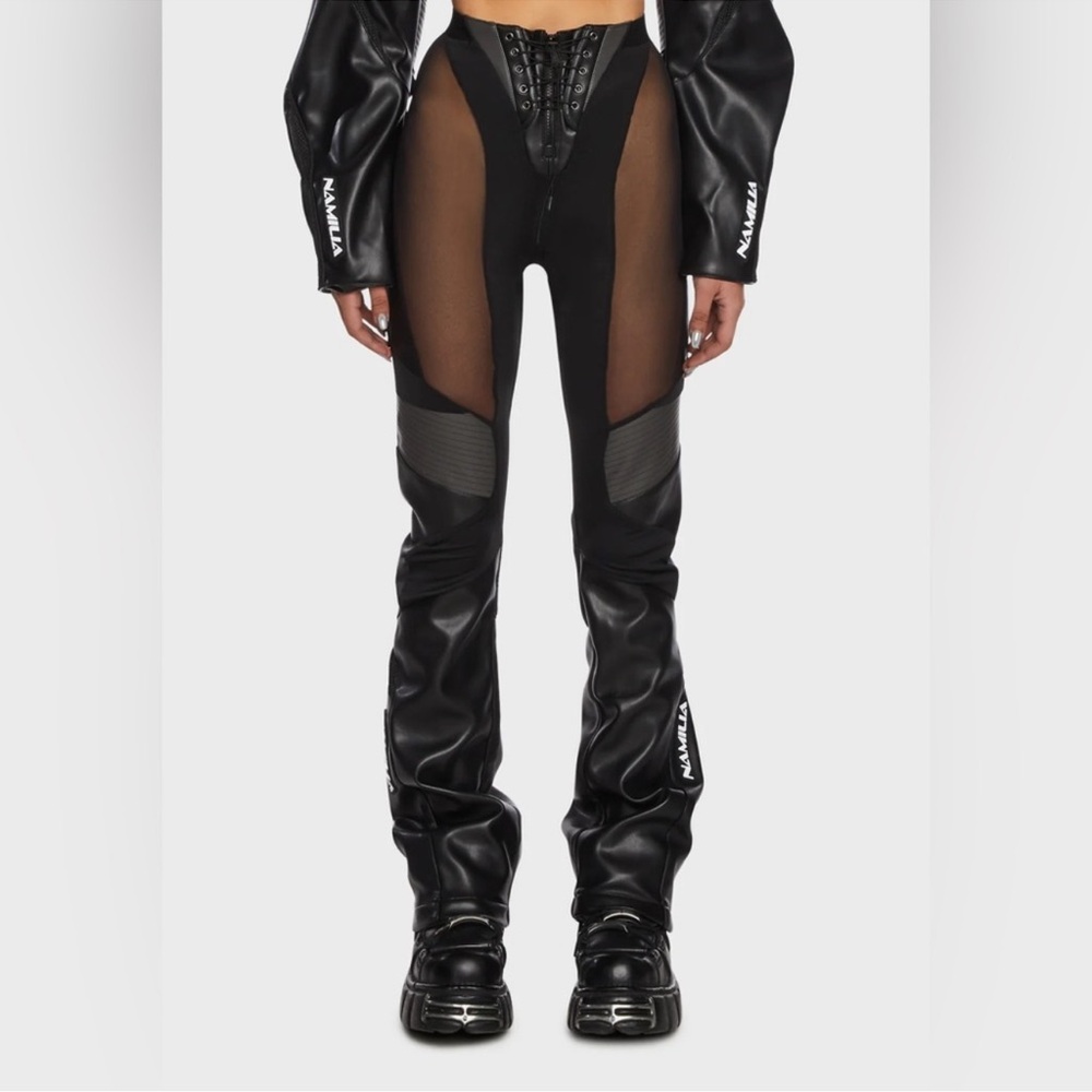 Namilia - Mesh & Faux Leather Lace Up Flare Moto Pants in Black & Gray